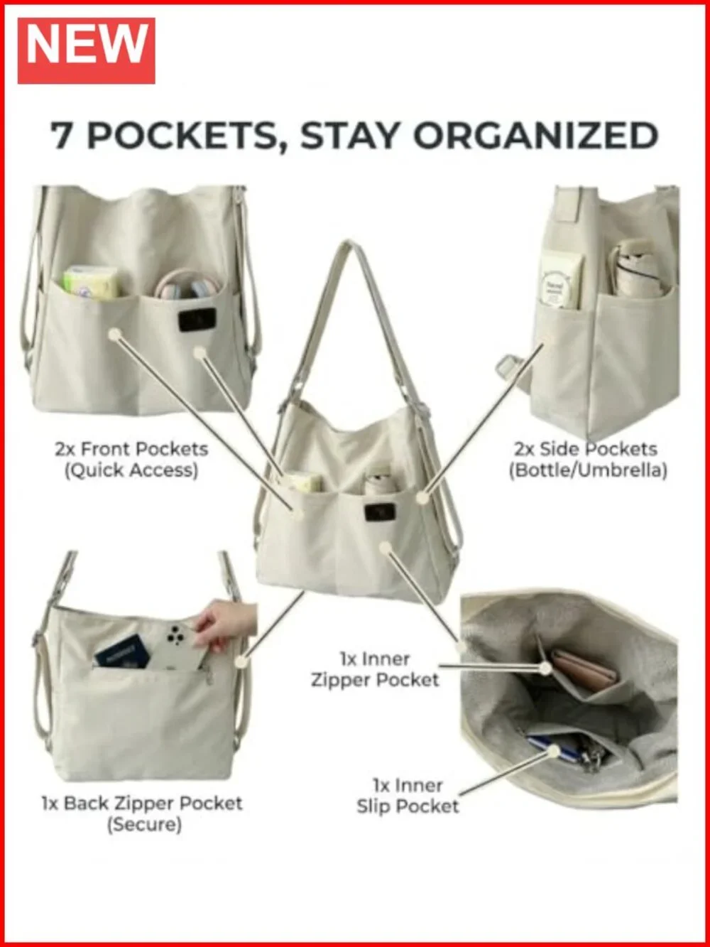 Women's 3-Way Convertible Backpack Tote Crossbody, Water-Resistant Lightweight